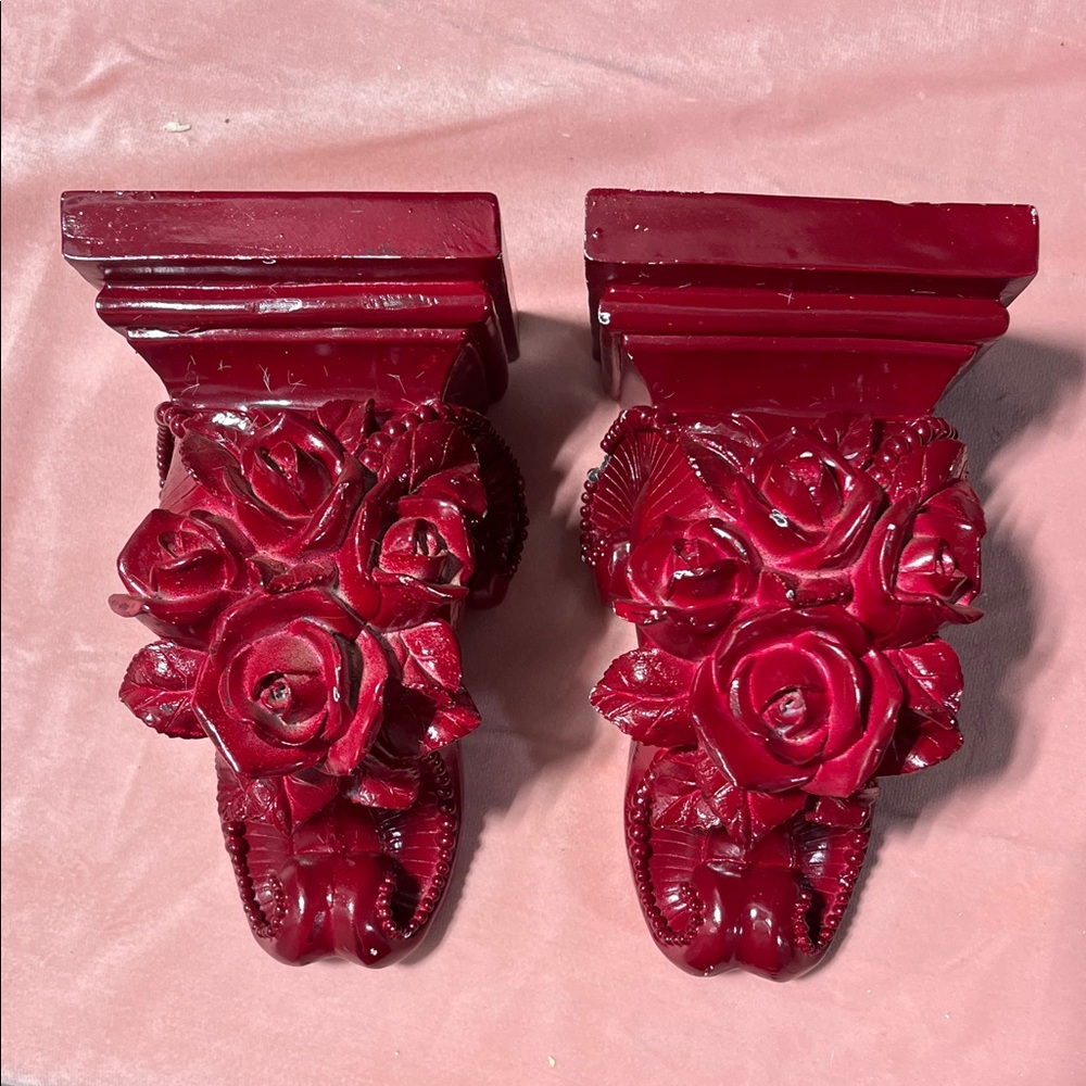 Pair of Decorative Rose Wall Corbels - Deep Wine Red